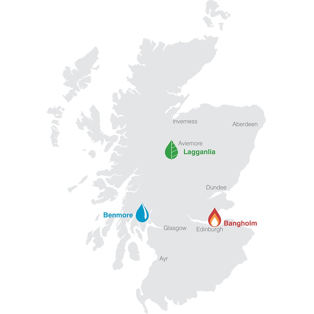 map showing locations of lagganlia, benmore and bangholm