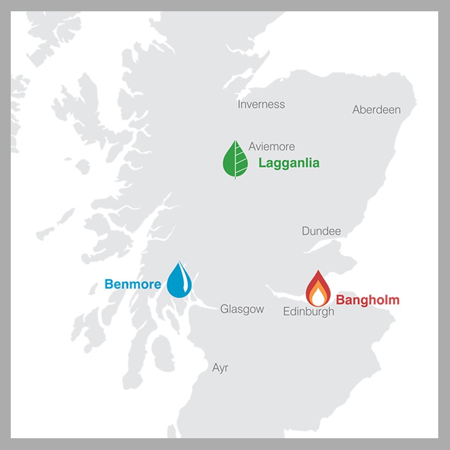 map showing locations of lagganlia, benmore and bangholm